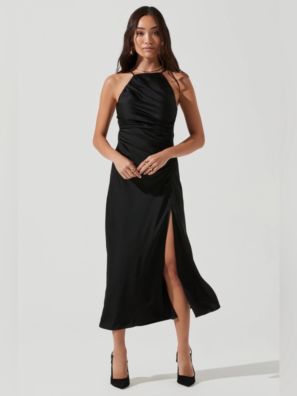 ASTR The Label Size Small Black Halter Satin Ruched Dress